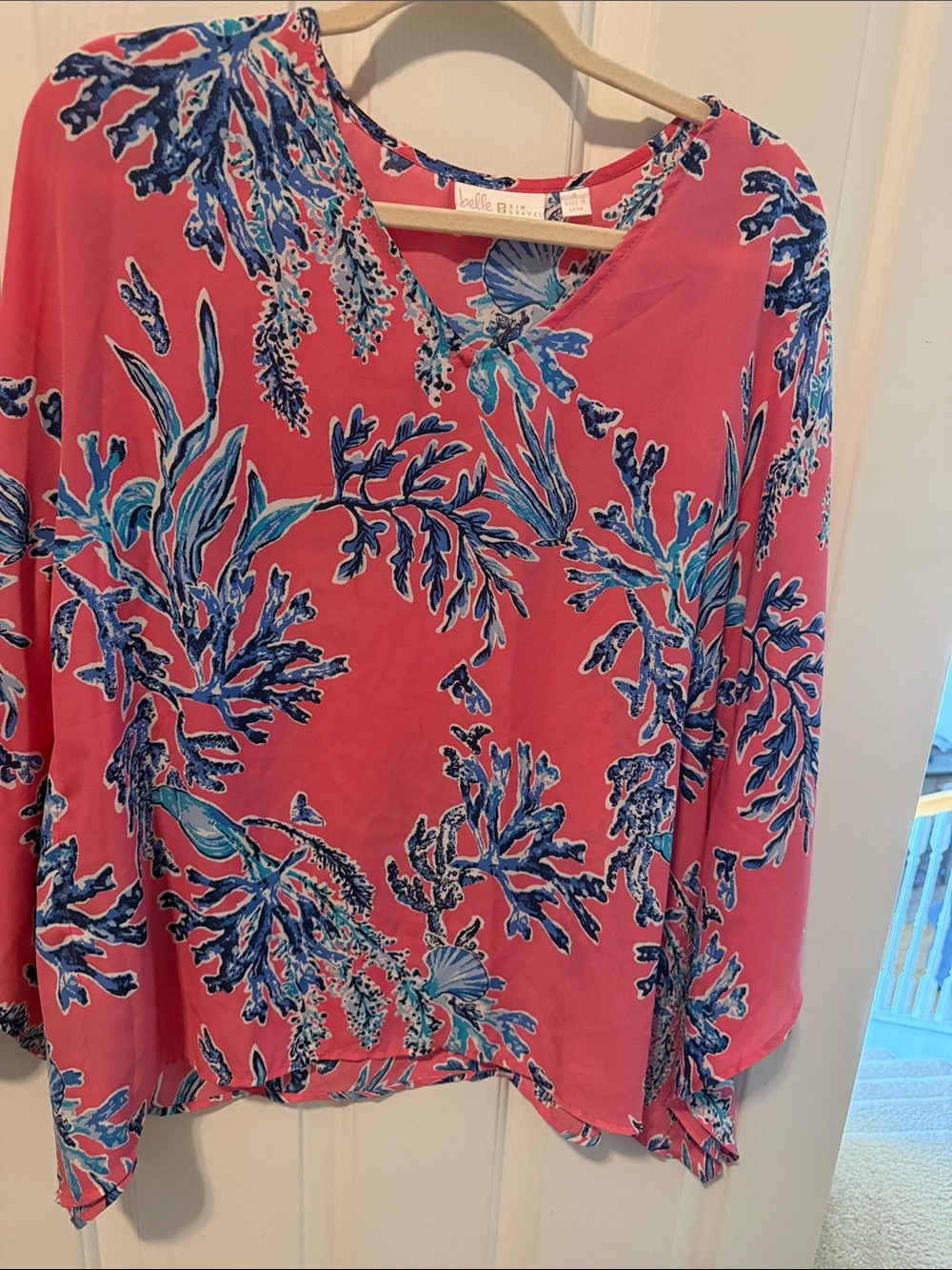 belle sky Pink Floral V-Neck Tunic with Blue Botanical Print
